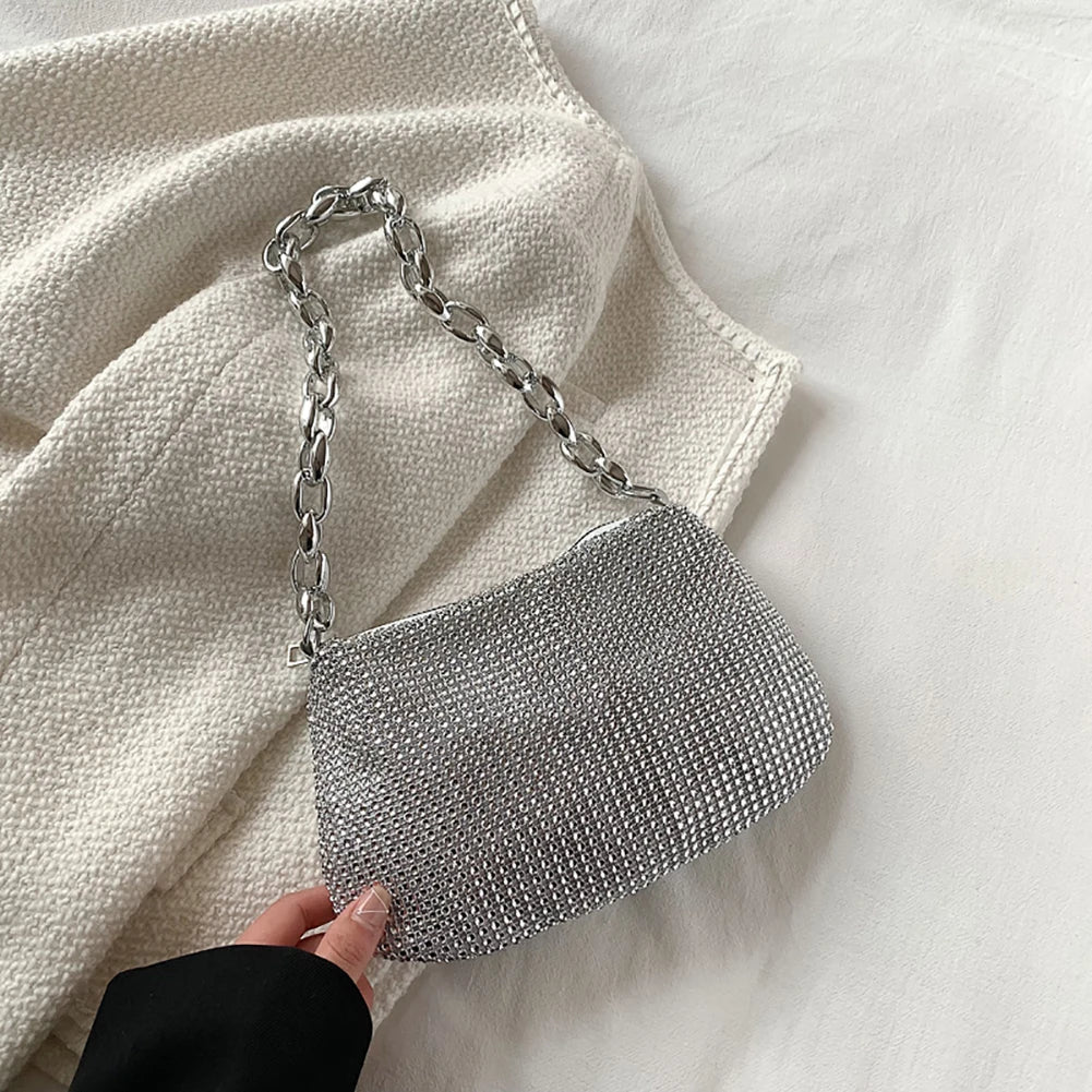 Bling Rhinestone Evening Clutch Bag | Women's Korean Designer Diamond Chain Dinner Party Handbag (Lady Square Tote Shoulder Bag)