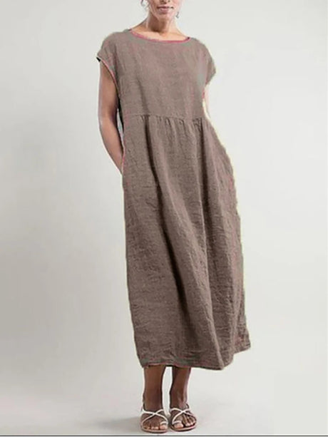 Women Elegant Solid Maxi Dress Summer Short Sleeve O Neck Vintage Harajuku Cotton Linen Loose Sundress Y2K Pockets Long Dress - Lootquake