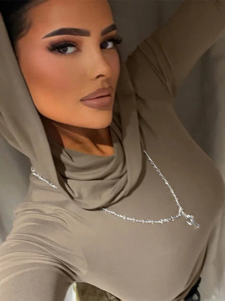 Women's Hooded Crop Tops Autumn Solid Color Long Sleeve Cowl Neck Slim Fit Short T-Shirt Streetwear Sporty Basics Tees - Lootquake