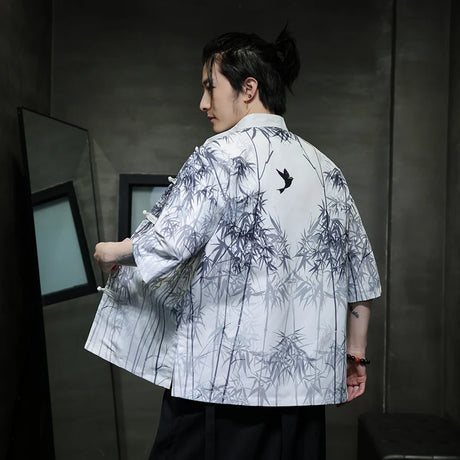 Men Chinese Style Hanfu Shirt Mens loose Tops Tang Suit Bamboo Printing Traditional Kung Fu Shirts Male Casual Shirts M-XXXXXL - Lootquake