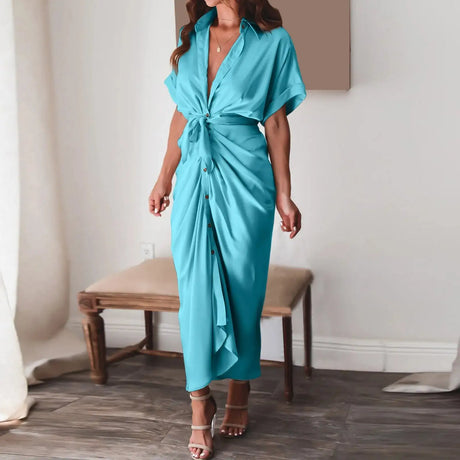 Formal Dresses For Wedding Guest Short Sleeve Long Dress Temperament Commuting High Waist Button Dress vestidos de graduación - Lootquake