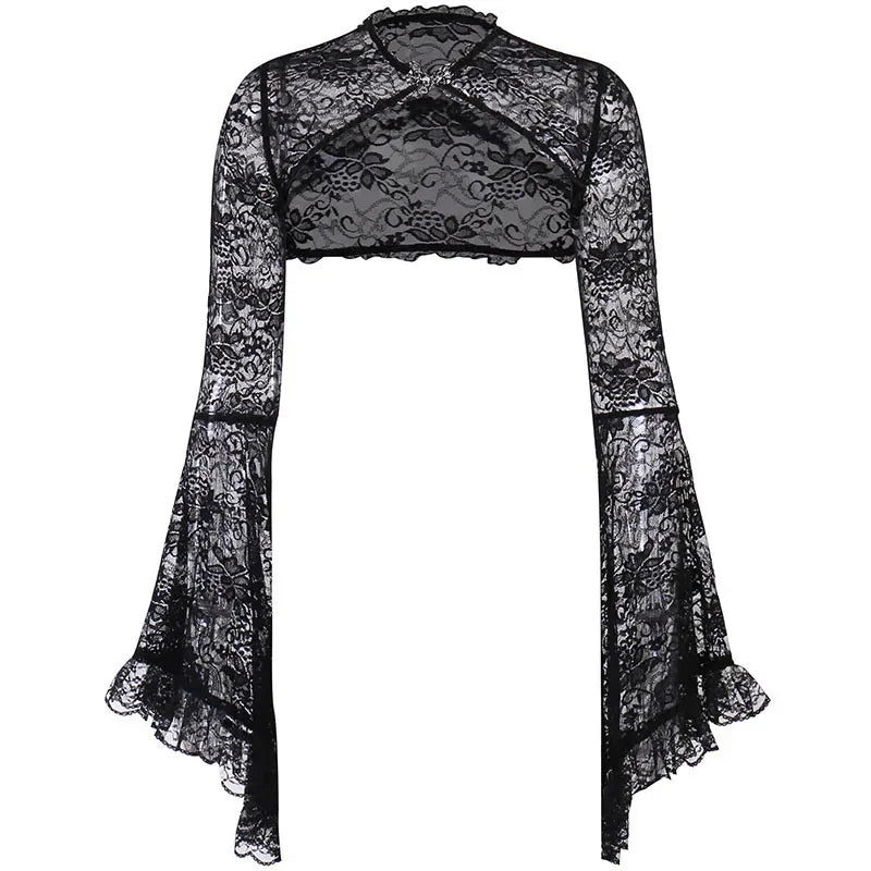 Lace Shrugs Sheer Crop Tops Long Bell Sleeves Cardigan Women Dark Gothic Wedding Punk Sexy Crochet Bolero Cover Up Shirt - Lootquake