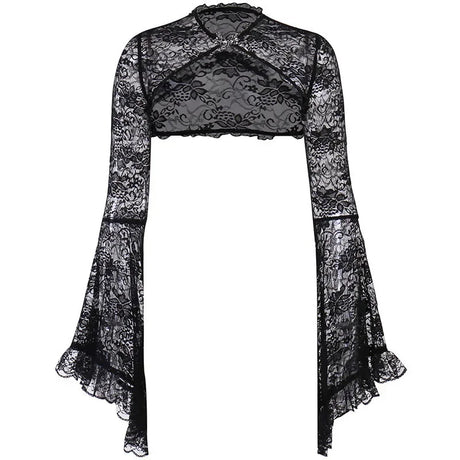 Lace Shrugs Sheer Crop Tops Long Bell Sleeves Cardigan Women Dark Gothic Wedding Punk Sexy Crochet Bolero Cover Up Shirt - Lootquake
