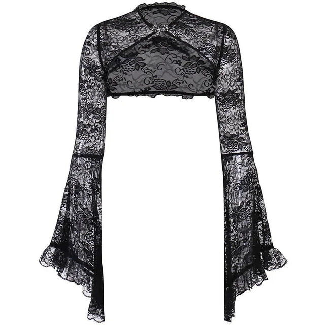 Lace Shrugs Sheer Crop Tops Long Bell Sleeves Cardigan Women Dark Gothic Wedding Punk Sexy Crochet Bolero Cover Up Shirt - Lootquake