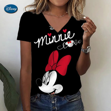 Women's T-shirts Disney Mickey Mouse 3D print New V-neck Short Sleeve Summer Casual Women's Clothing Harajuku Y2K Hip Hop Clothe - Lootquake