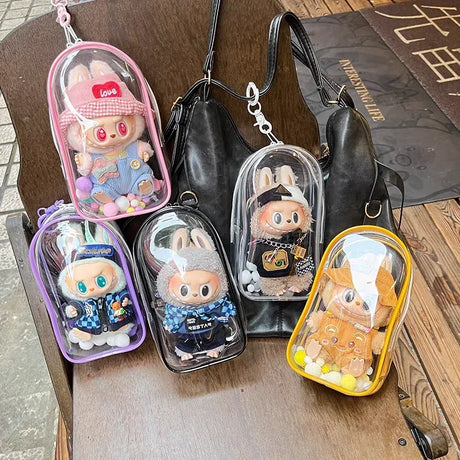 Colorful Transparent Protector Case Organizer Box for 17cm Labubu Plush Dolls Outdoor Display Bag With Keychain Doll Accessories - Lootquake