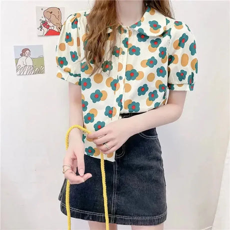 Women Summer Korean Casual Printing Chiffon Loose Polo-Neck Short Sleeve Blouse Women Clothes Sweet All-match Floral Top Tee - Lootquake