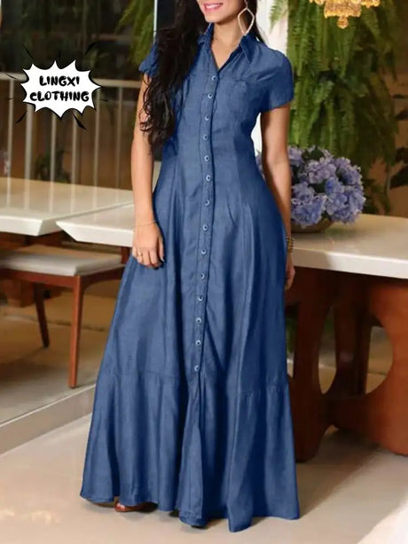 2023 Fashion New Long Dress Shirt Neck Pocket Large Swing Dress Casual Elegant Temperament Single Breasted Denim Dress - Lootquake