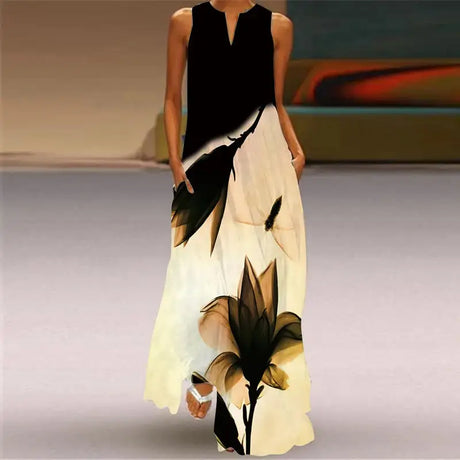 2024 New European and American Cross Border Summer Long Dress Women's Sleeveless V-neck Printed Sexy Dress - Lootquake