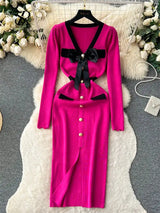SINGREINY Office Lady Sweater Long Dress 2023 Bow Single Breasted Elastic Split Women Autumn Dress Fashion Senior Knitted Dress - Lootquake
