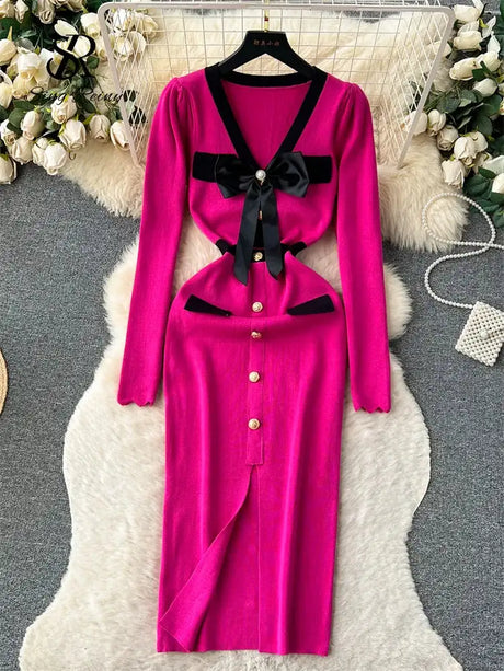 SINGREINY Office Lady Sweater Long Dress 2023 Bow Single Breasted Elastic Split Women Autumn Dress Fashion Senior Knitted Dress - Lootquake