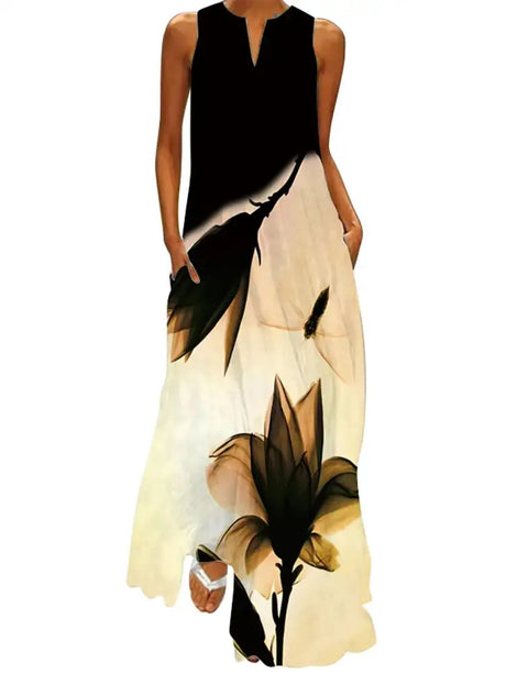 2024 New European and American Cross Border Summer Long Dress Women's Sleeveless V-neck Printed Sexy Dress - Lootquake