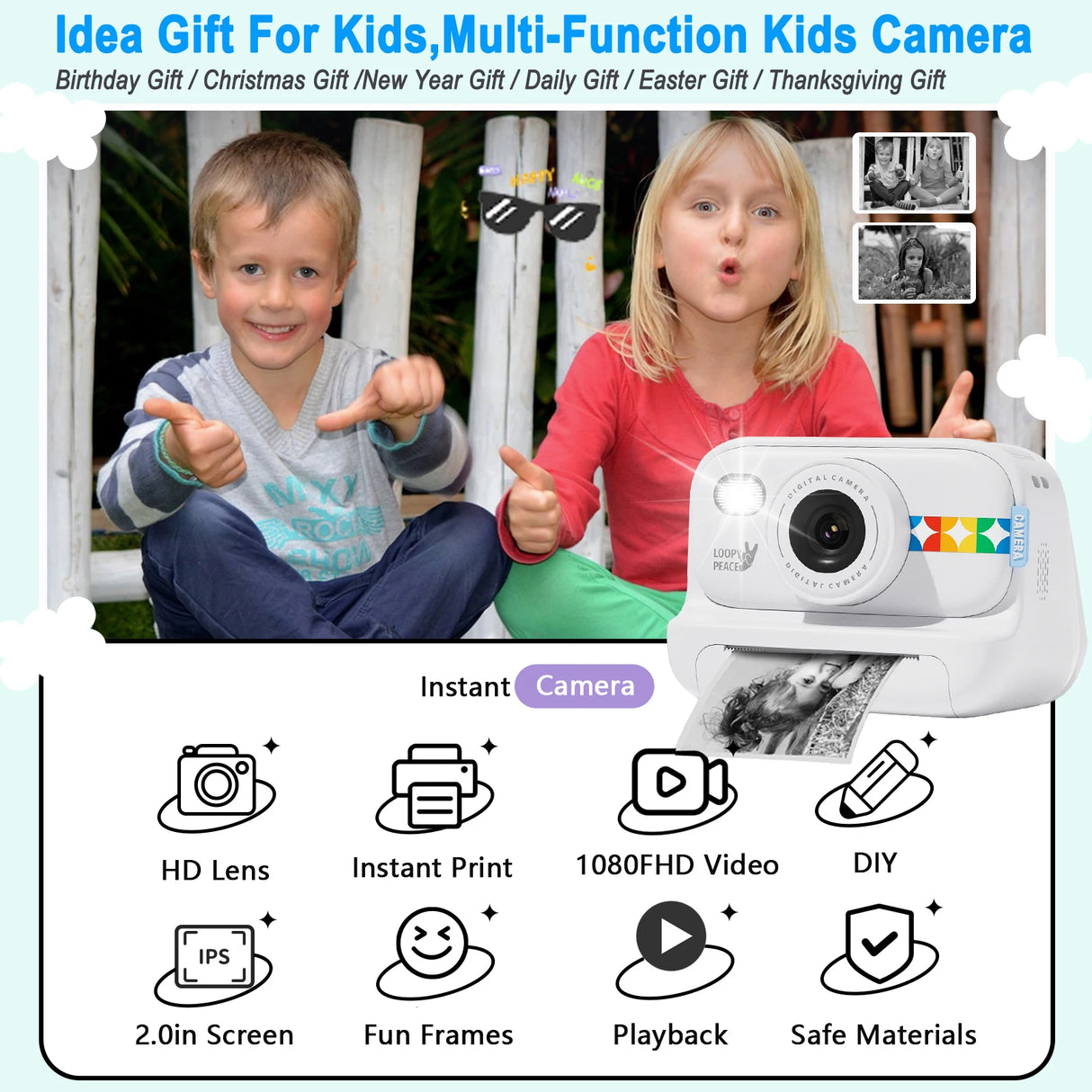 Kids Instant Print Camera -Black & White Print Toddler Birthday Gift Portable Thermal Paper HD Digital Video Printer