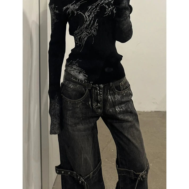 Black Women's Jeans High Waist Hip Hop Straight Fashion Pants Streetwear Harajuku Y2K Star 2024 Female Wide Leg Denim Trouser - Lootquake
