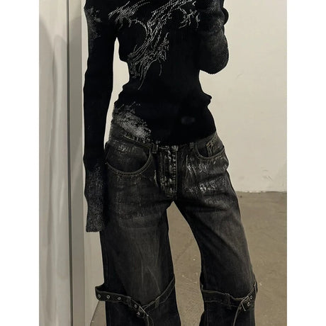 Black Women's Jeans High Waist Hip Hop Straight Fashion Pants Streetwear Harajuku Y2K Star 2024 Female Wide Leg Denim Trouser - Lootquake