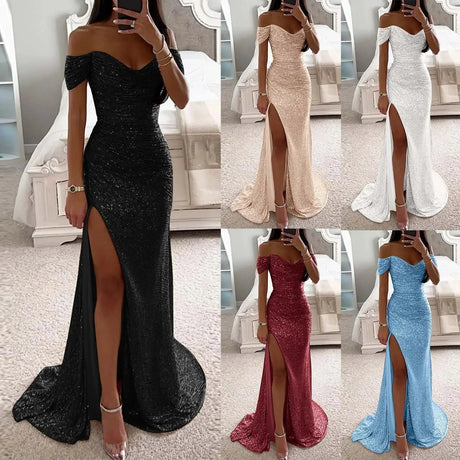 Sexy Sequin Evening Party Prom Long Dress Women Elegant V-Neck Gown Dress Off Shoulder Slim High Split Gown Female Vestidos - Lootquake