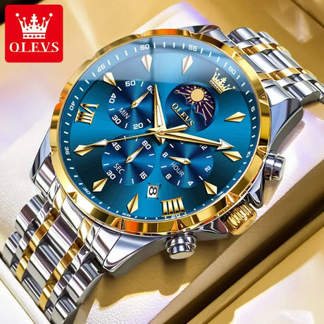 OLEVS 3653 Men Watch Luxury Brand Quartz Watch Multi functional Automatic Date Timer Watch Waterproof Luminous Moonphase Watch - Lootquake