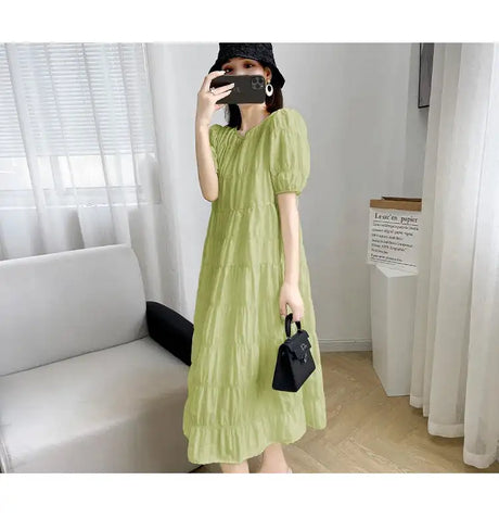 2025 Summer Maternity Pleated Dress Solid Color Loose Pregnant Woman Long Dress Short Sleeve Plus Size Pregnancy Ball Gown Dress - Lootquake