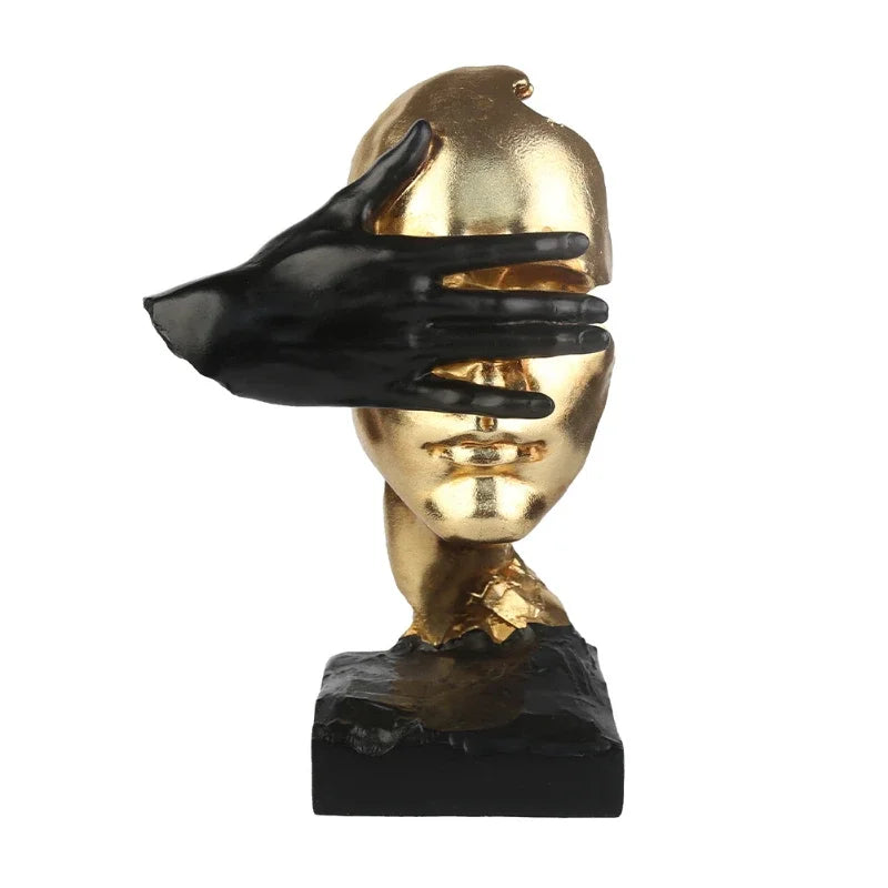 ERMAKOVA New Statues Silence is Gold Figurines Resin Retro Home Decor for Office Gifts Living Room Abstract Face Sculptures