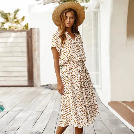 Vintage Floral Print Dress Women Boho Short Sleeve Long Dress Turn Down Collar Casual Waistband Shirt Dresses Robe 2021 Summer - Lootquake