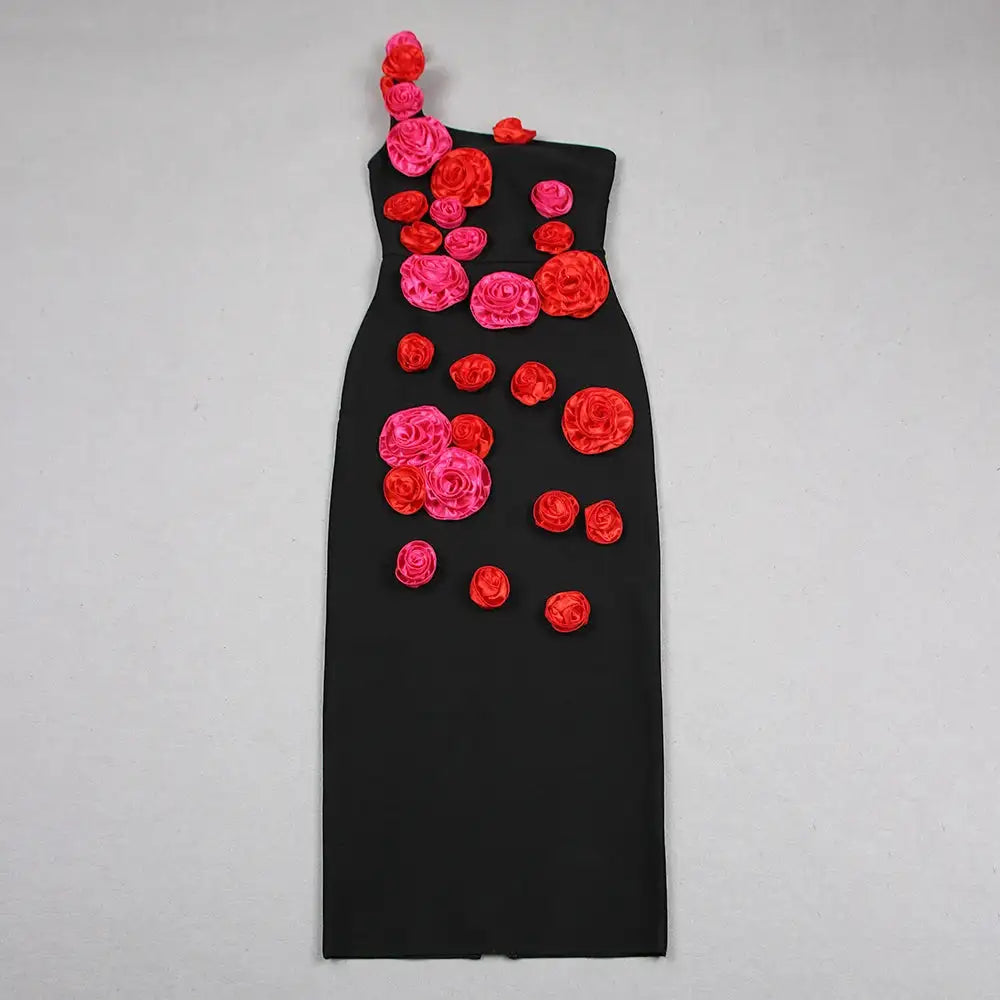 2025 New Spring Women Sexy One Shoulder Red Flowers Bodycon Bandage Long Dress Celebrate Evening Party Nightclub Dress - Lootquake