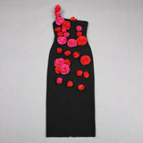 2025 New Spring Women Sexy One Shoulder Red Flowers Bodycon Bandage Long Dress Celebrate Evening Party Nightclub Dress - Lootquake