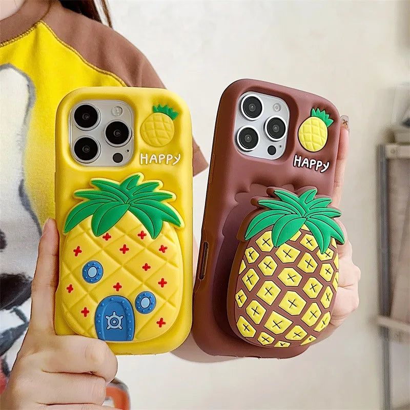 3D Cartoon Pineapple Telescopic Bracket Soft Silicone Phone Case For iPhone