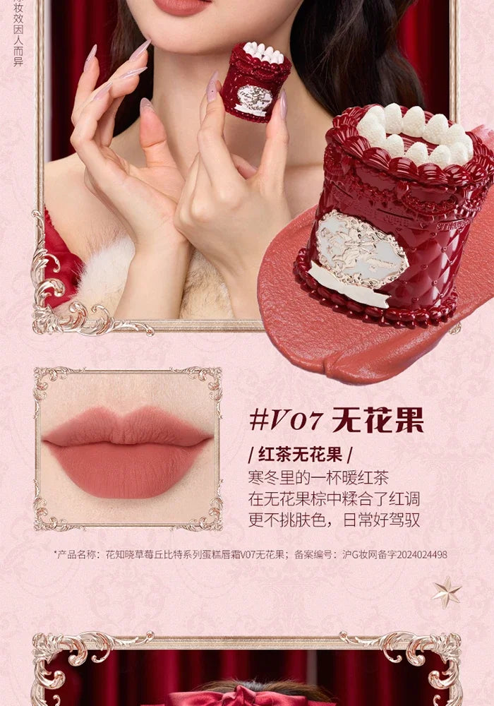 Crema labial Flower Knows Strawberry Cupid Cake, barra de labios hidratante mate, maquillaje de labios suave y sedoso, cosméticos profesionales.