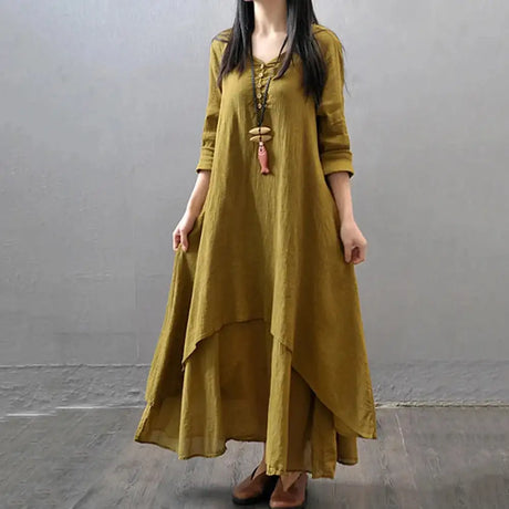 Women Elegant Linen White Dresses Bohemia Layering Vintage Robe Long Sleeve Loose Long Dress Female Autumn Vestidos - Lootquake