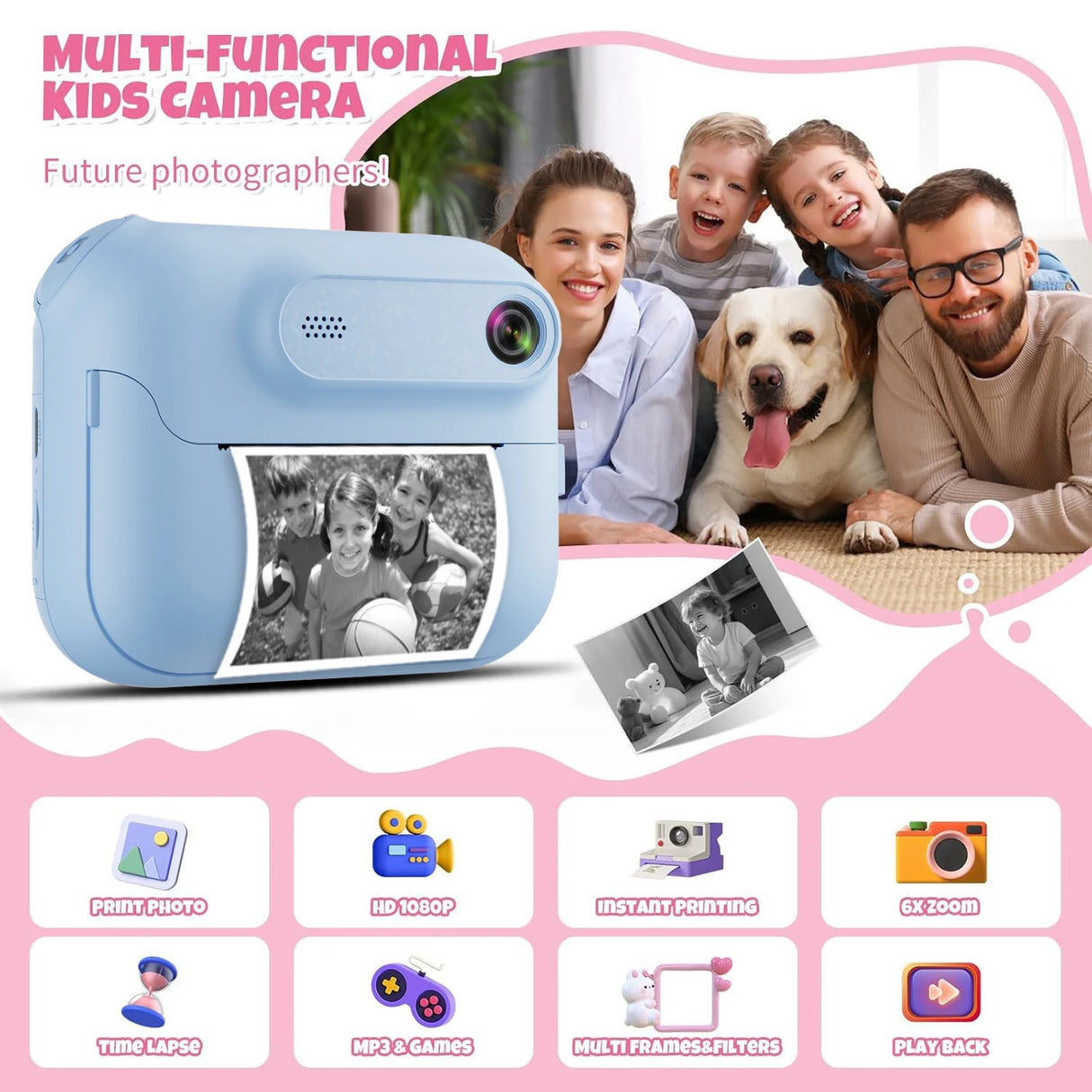 Appareil photo instantané S8 pour enfants, 1300 mAh, appareil photo numérique HD 1080p, idéal pour les cadeaux d'anniversaire des filles et des garçons