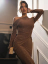 Mozision Sparkle Long Sleeve Sexy Maxi Dress For Women Inclined Shoulder Backless Bodycon Ruched Club Party Sexy Long Dress - Lootquake