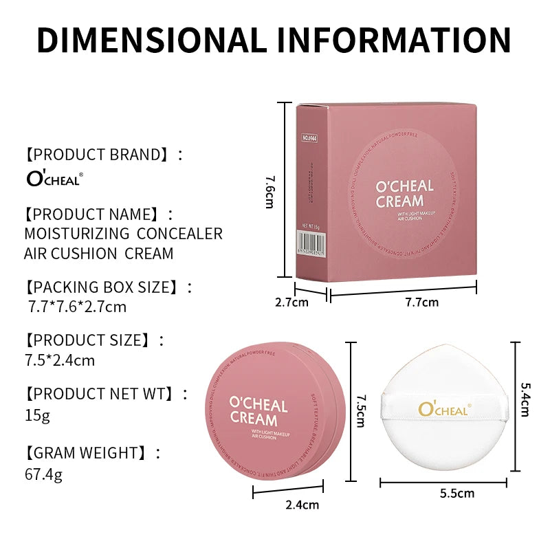 OCHEAL CC Cream Cushion Foundation Cream Corrector hidratante de larga duración Base BB Cream para maquillaje facial Corrector