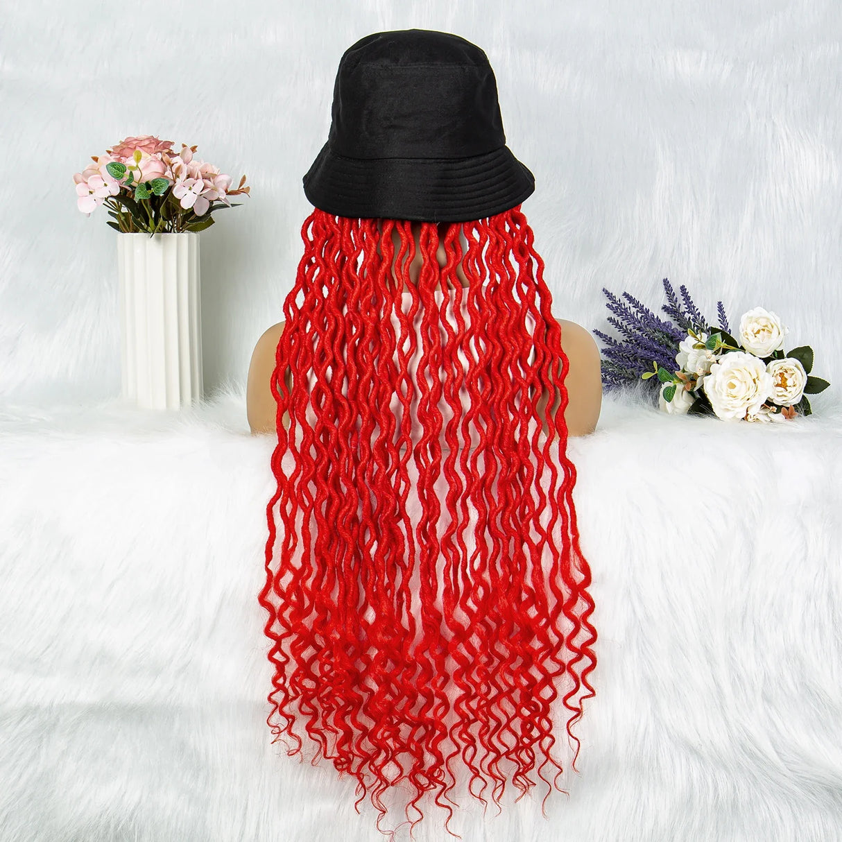 30" Crochet Afro Dreadlocks Bucket Hat Wig | Synthetic Braided Hair | Curly Ends | Black Women