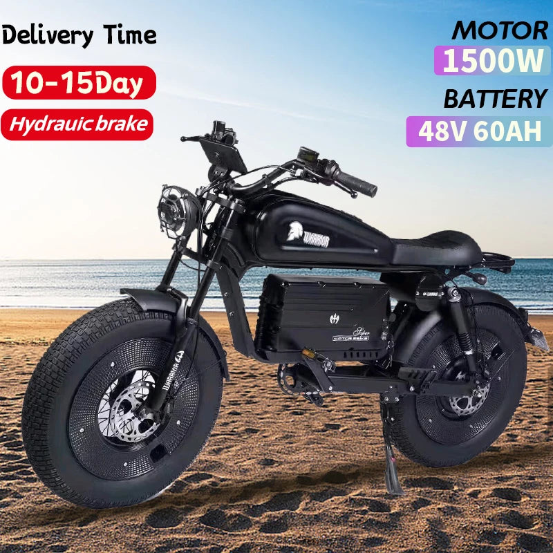 ZPW Black Warrior - Bicicleta eléctrica de carretera para adultos, 1500 W, 48 V, 60 Ah, 20 pulgadas, todoterreno, neumáticos anchos