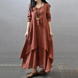 Women Elegant Linen White Dresses Bohemia Layering Vintage Robe Long Sleeve Loose Long Dress Female Autumn Vestidos - Lootquake