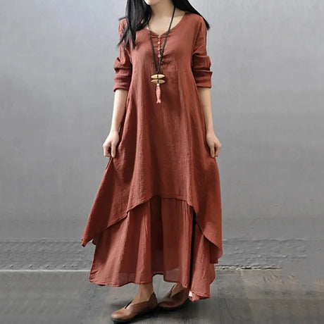 Women Elegant Linen White Dresses Bohemia Layering Vintage Robe Long Sleeve Loose Long Dress Female Autumn Vestidos - Lootquake