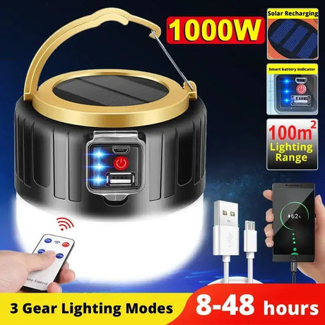 Powerful Solar LED Camping Lamp Waterproof Portable Lanterns Emergency Lights For BBQ Hiking USB Rechargeable Tent Lanterns - Lootquake