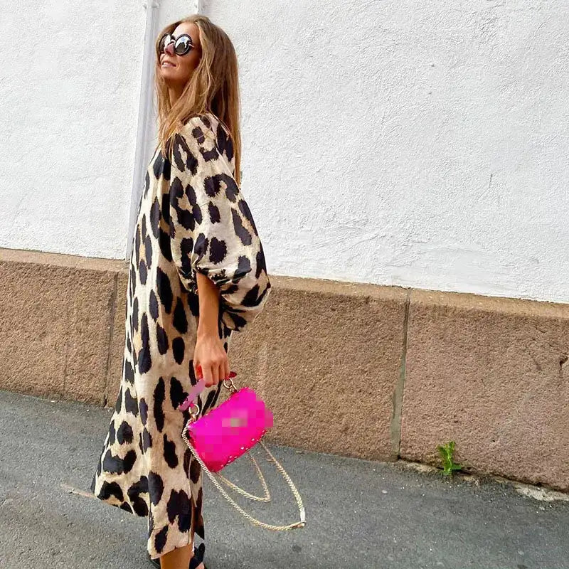 Autumn Women's Long Leopard Print Dress New Long V-neck Loose Lantern Sleeve Leopard Print Dress Long Dress - Lootquake