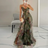 Elegant Print Pleated Mesh Evening Dress Sexy Off Shoulder Ins Vacation Long Dress Summer V Neck High Waist Backless Sling Dress - Lootquake