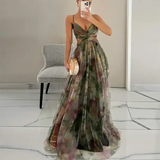 Elegant Print Pleated Mesh Evening Dress Sexy Off Shoulder Ins Vacation Long Dress Summer V Neck High Waist Backless Sling Dress - Lootquake