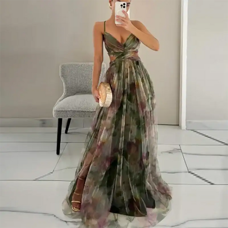 Elegant Print Pleated Mesh Evening Dress Sexy Off Shoulder Ins Vacation Long Dress Summer V Neck High Waist Backless Sling Dress - Lootquake