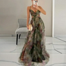 Elegant Print Pleated Mesh Evening Dress Sexy Off Shoulder Ins Vacation Long Dress Summer V Neck High Waist Backless Sling Dress - Lootquake