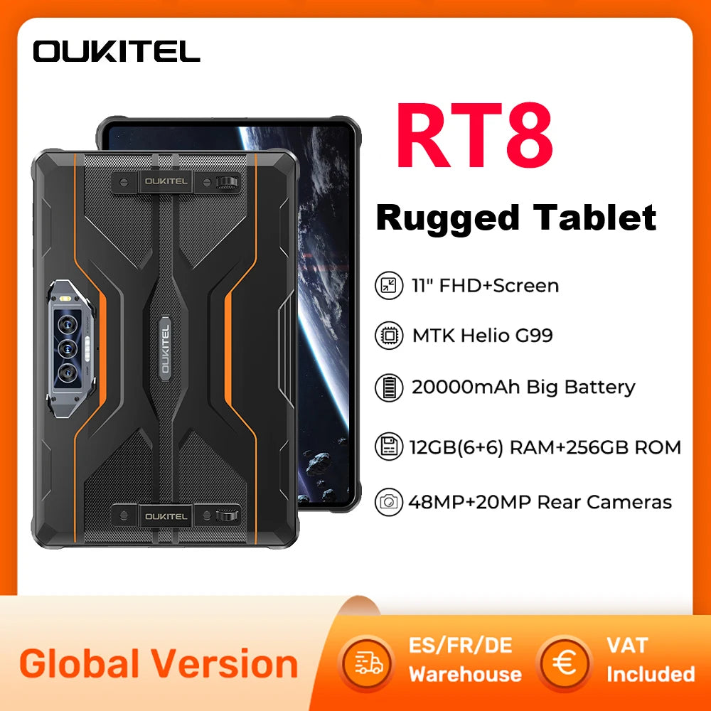 Oukitel RT8 Rugged Tablet 11" FHD+ Display 6GB+256GB MTK Helio G99 Tablet 48MP Camera Tablets PC 20000mAh 33W Android 13 NFC Pad