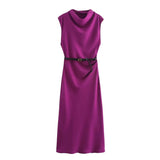 TRAFZA Women's Autumn New Fashion Versatile Belted Midi Slim Long Dress Female Elegant High Street Sleeveless Casual Dress Mujer