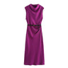 TRAFZA Women's Autumn New Fashion Versatile Belted Midi Slim Long Dress Female Elegant High Street Sleeveless Casual Dress Mujer