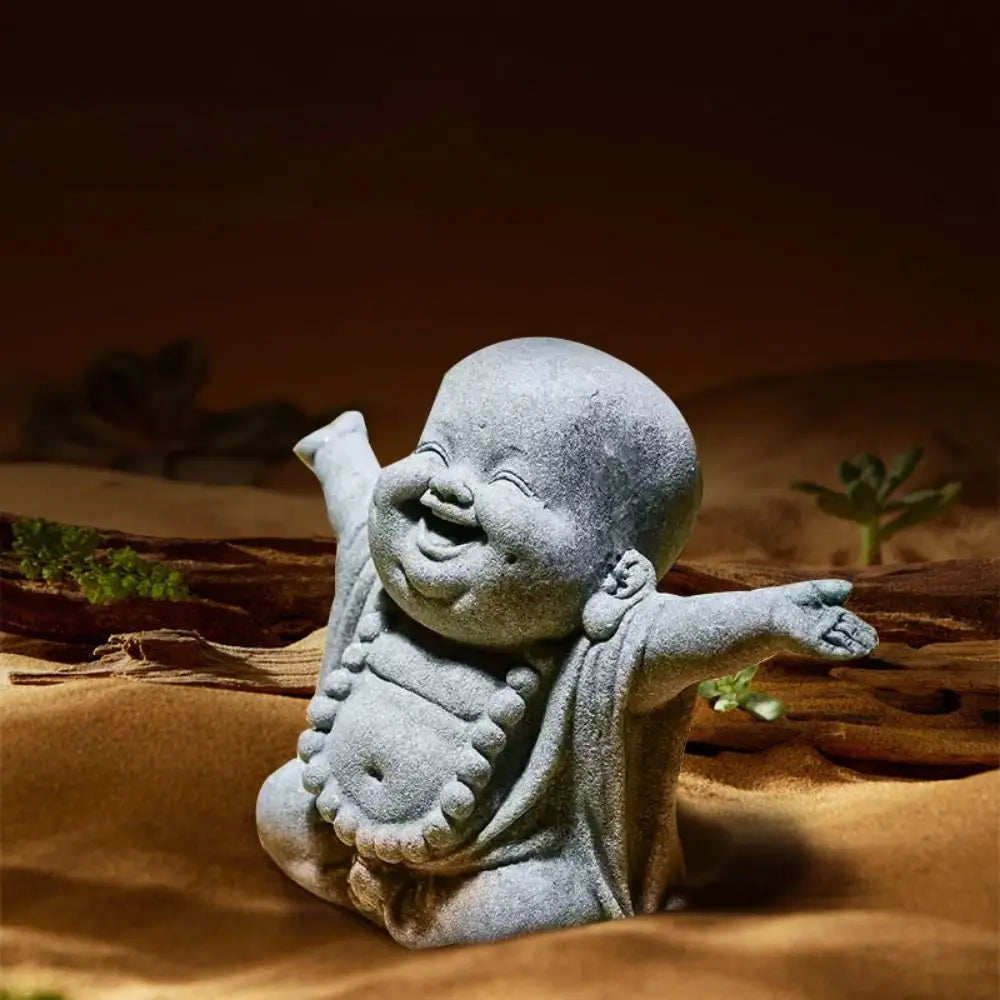Adorno de Buda sonriente gordo de estilo chino, escultura de Buda de dibujos animados de arenisca verde, estatua de Buda tallada a mano
