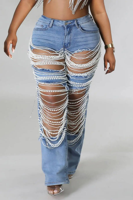 Women Plus Size Pearls Jeans Casual Vintage Cutout High Waist Y2K Streetwear Pearls Denim Jeans Pockets Slim Denim Trousers - Lootquake