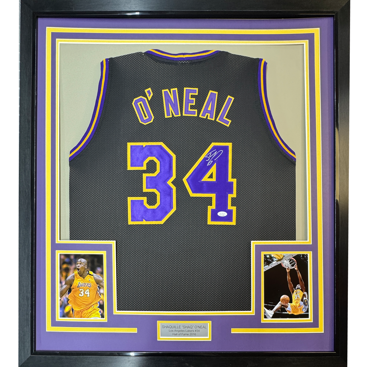 Camiseta de baloncesto negra de Los Ángeles LA de Shaquille O'Neal, enmarcada, autografiada y firmada, 35 x 39, JSA COA