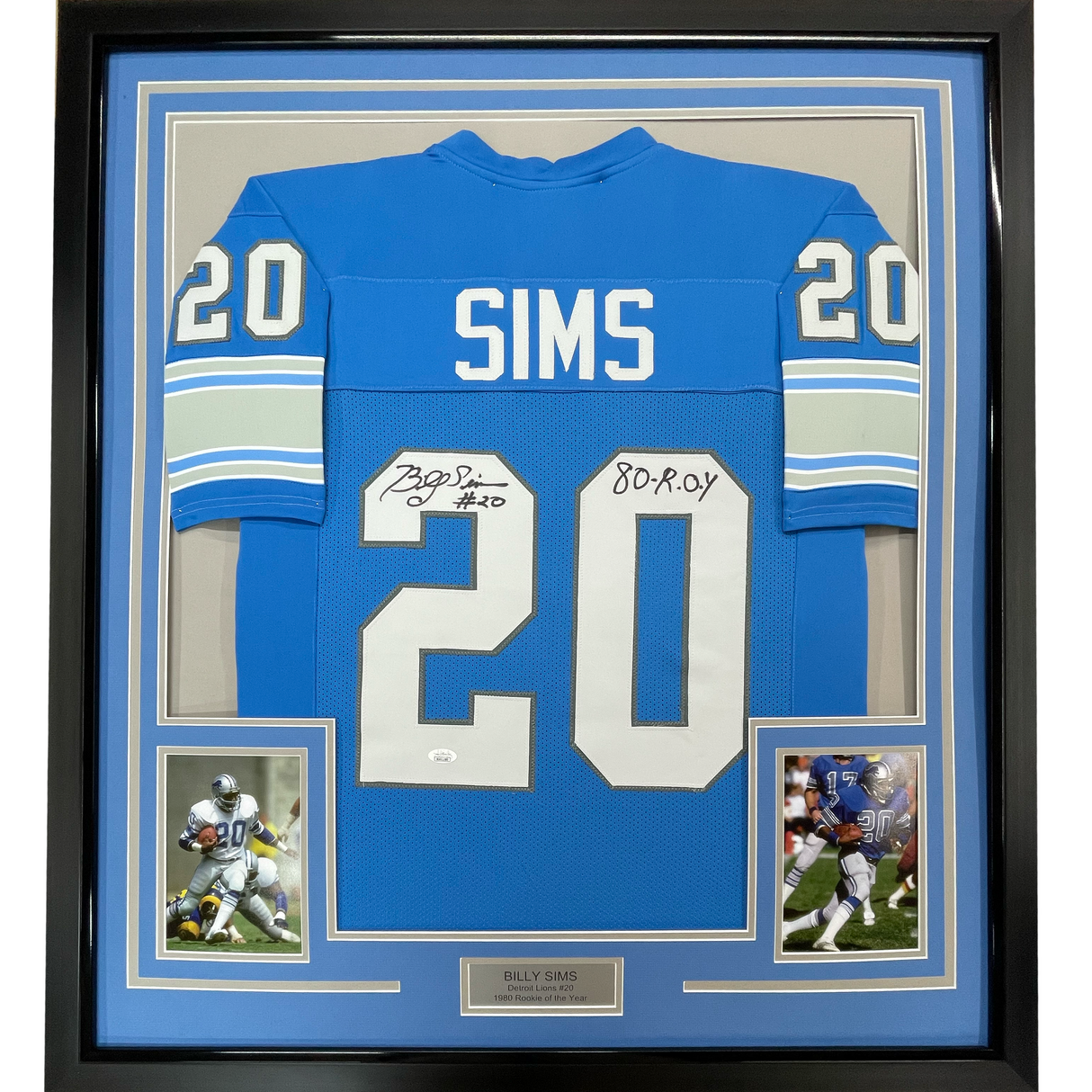 Camiseta de fútbol azul Detroit de 35 x 39, enmarcada, autografiada y firmada por Billy Sims 80 ROY JSA COA