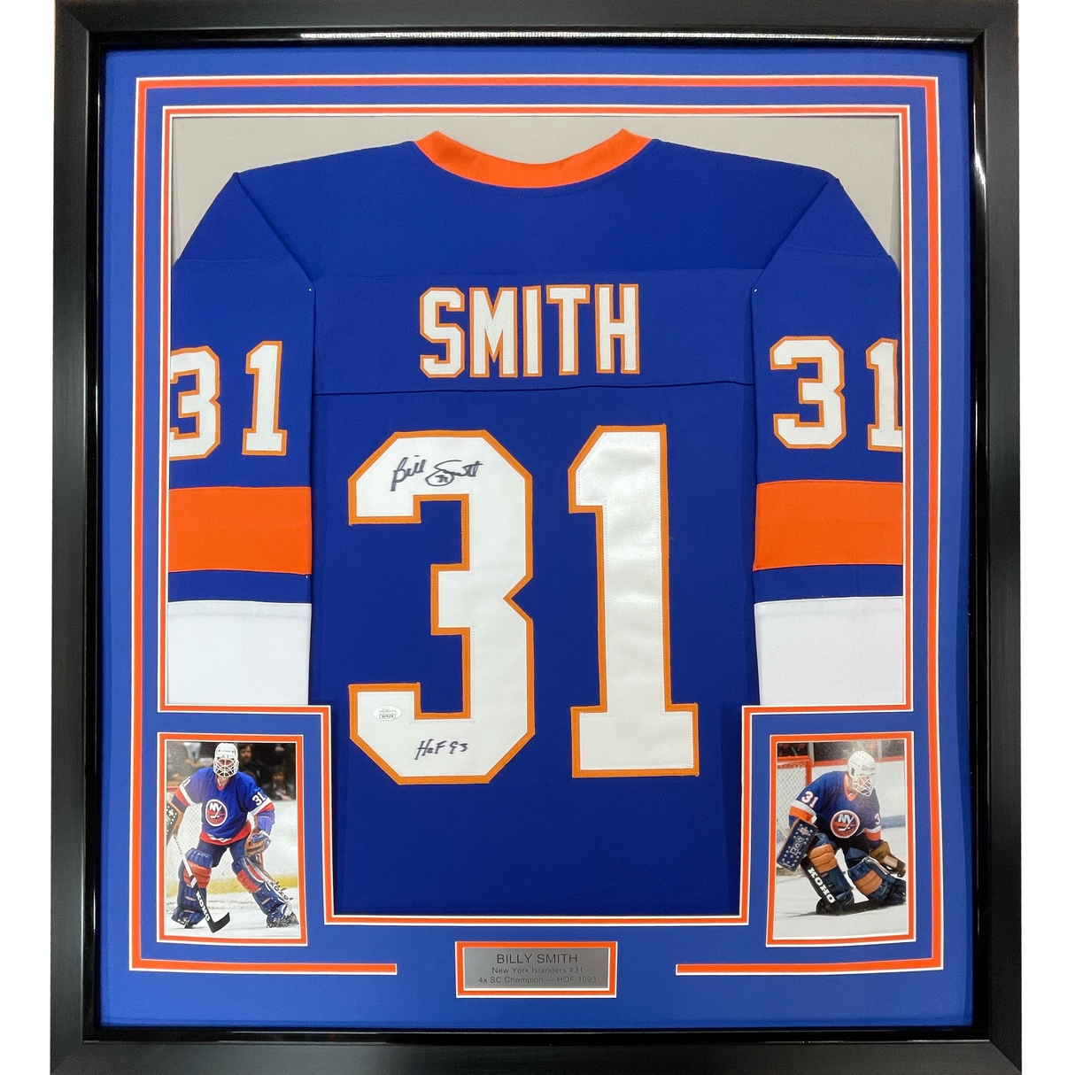 Camiseta de hockey azul de Nueva York de 35 x 39, enmarcada, autografiada y firmada por Billy Smith (JSA COA)